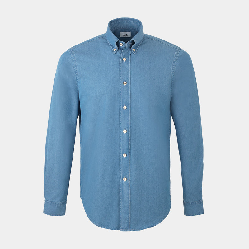 ASOS DESIGN slim roll sleeve denim shirt with button down collar in light  blue wash | ASOS